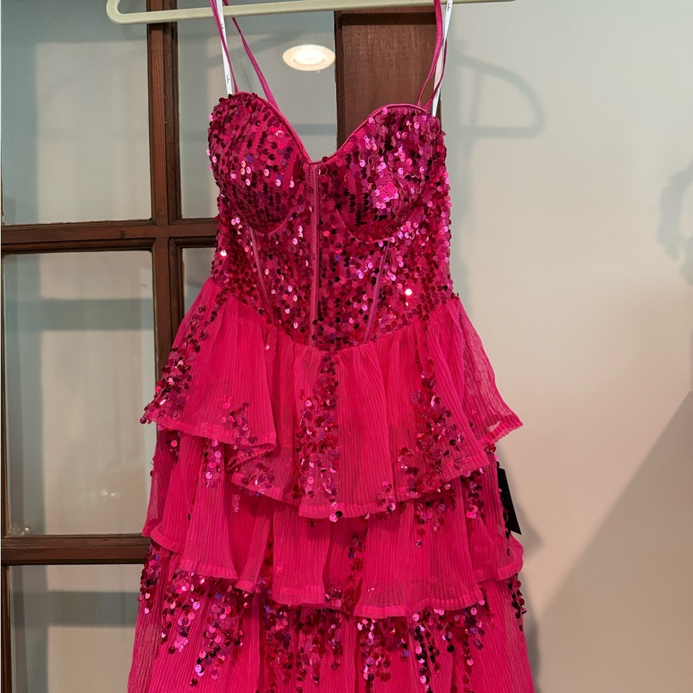 Lulu's Fuchsia Sequin Tiered Spaghetti-Strap Mini Dress